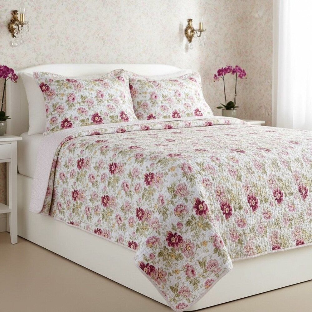 VTG Laura Ashley Reversible Floral Quilt Bedspread Coverlet Queen Cottage Boho